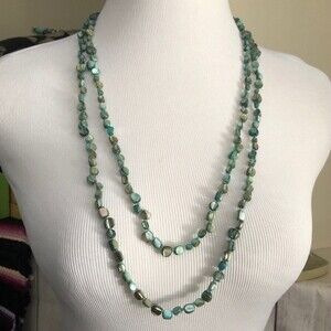 Long Blue Iridescent MOP Chip Stone Necklace